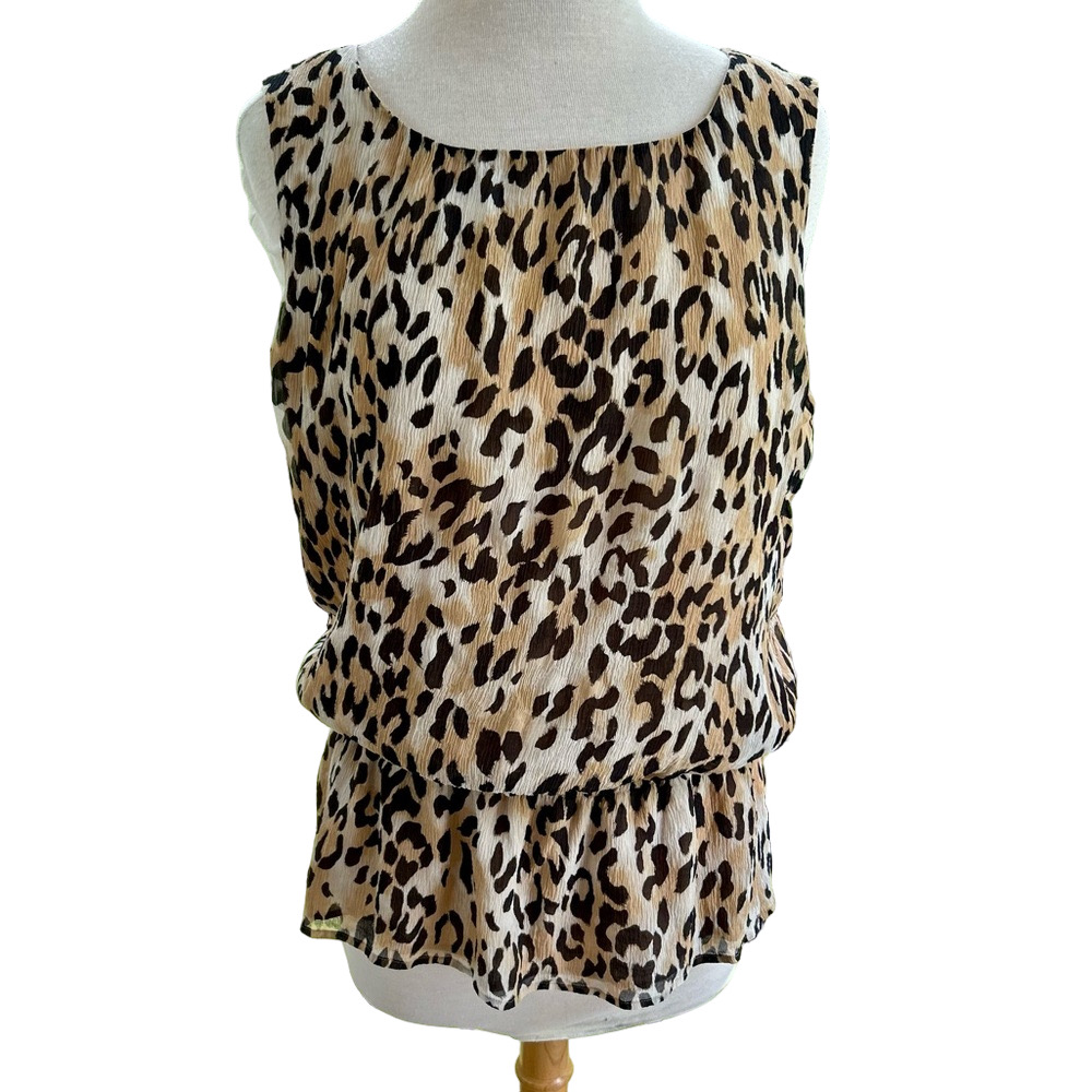 St. John Black Tan Silk Size 14 Top Blouse Leopard Print Sleeveless Scoop Neck